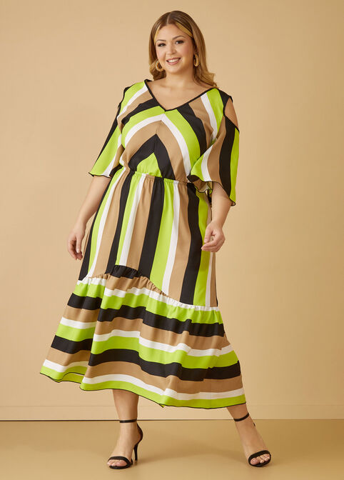 Cold Shoulder Striped Midaxi Dress, Lime Green image number 2