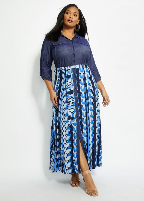 Tall Belted Abstract Shirtdress, Blue image number 0