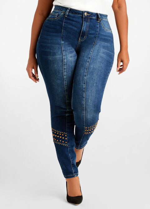 Rhinestone Stud Skinny Jeans, Denim image number 0