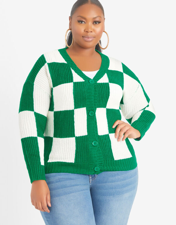 Cropped Checked Knit Cardigan, Green image number 0