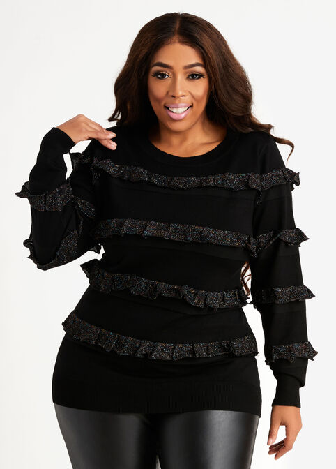Lurex Ruffle Stripe Sweater, Black image number 0