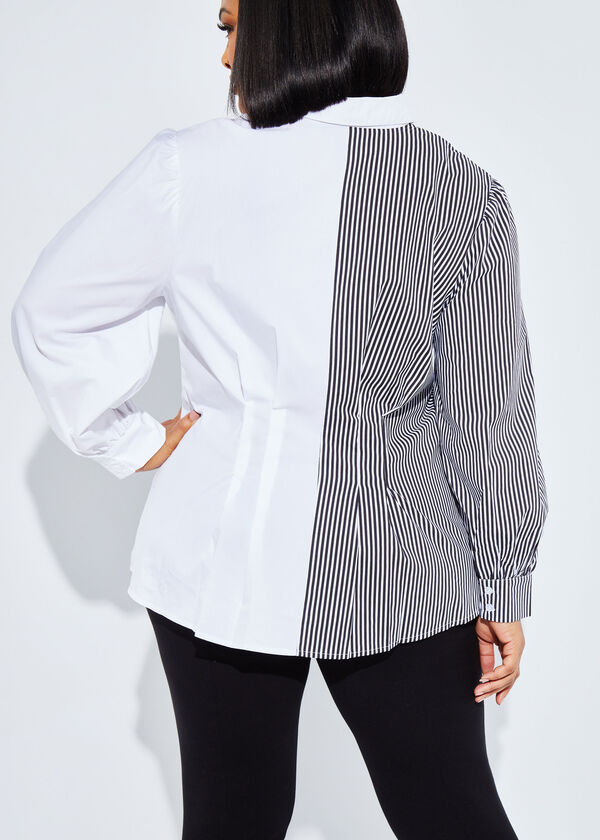 Pleated Striped Poplin Shirt, White Black image number 3