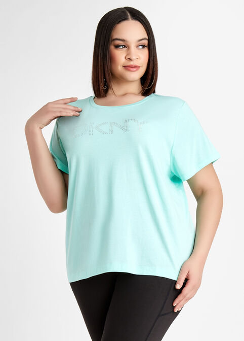 Plus Size DKNY Rhinestone Logo T Shirt Cotton Plus Size Leisure Tops image number 0