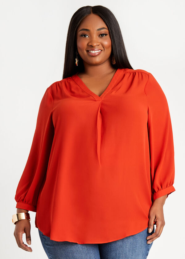 Tall V Neck Pullover Blouse, Rooibos image number 0