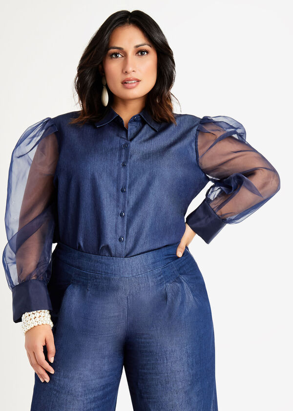 Sheer Sleeve Chambray Button Up, Denim Blue image number 0