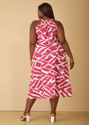Printed Linen Blend A Line Dress, Pink Peacock image number 1
