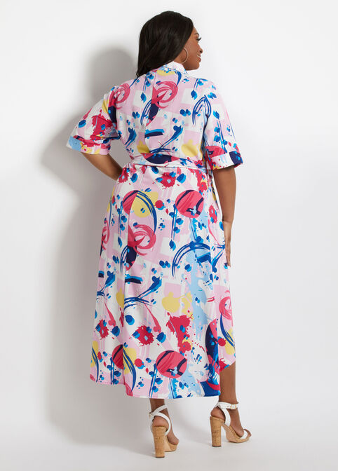 Belted Abstract Maxi Shirtdress, Pink Carnation image number 1