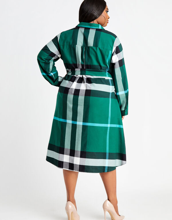 Belted Plaid A Line Shirtdress, Green image number 1