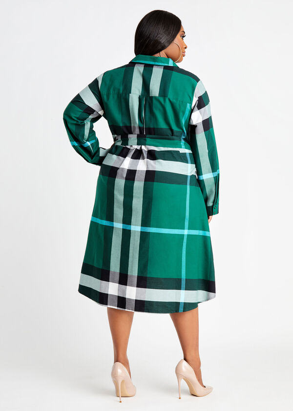 Belted Green Plaid A Line Shirtdress, Green image number 1