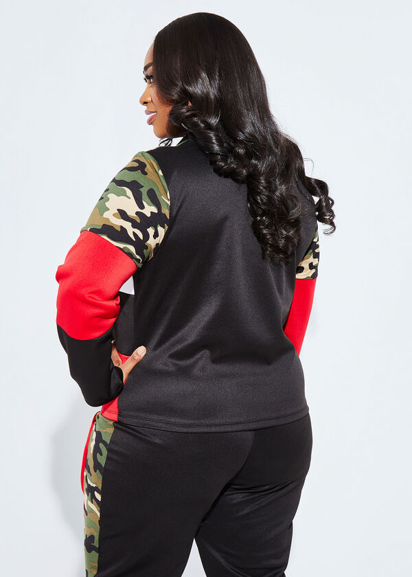 Camo Print Colorblock Track Jacket, Red image number 1