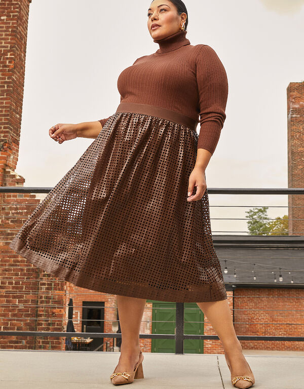 Perforated Faux Leather Midi Skirt, Brown image number 0