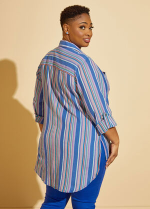 Striped Cotton Hi Low Shirt, Blue image number 1