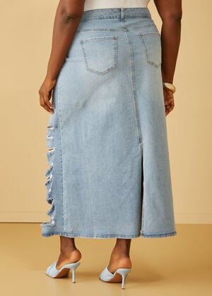 Distressed Cutout Denim Maxi Skirt, Classic Blue image number 1