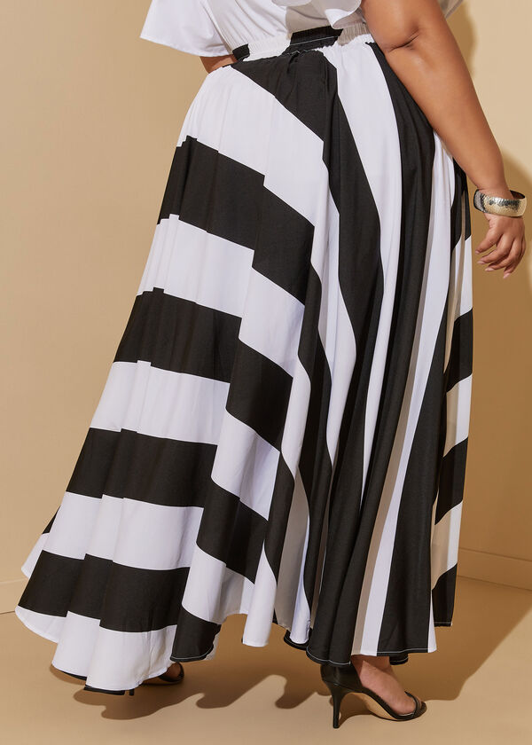 Striped Maxi Skirt, White Black image number 1