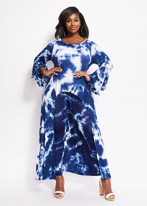 Plus Size Tie Dye Hi Low Ruffle Stretch Tier Bell Sleeve Duster Tops image number 0
