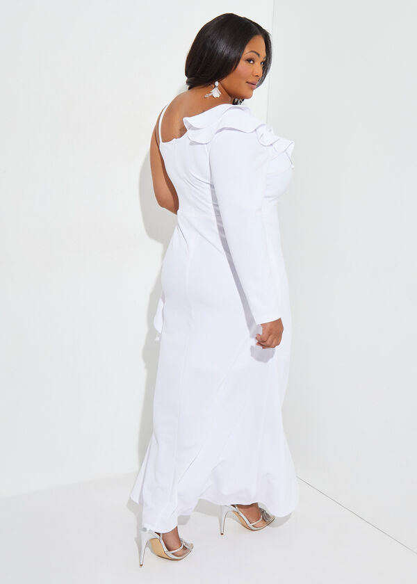 Ruffled One Shoulder Gown, White image number 1