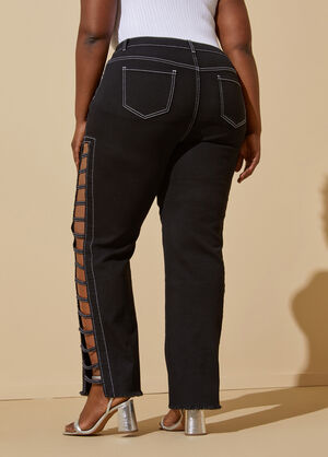 Cutout Mid Rise Skinny Jeans, Black White image number 1