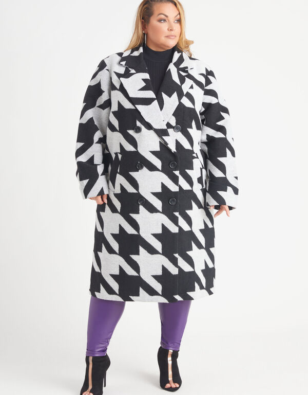 Houndstooth Double Breasted Coat, Black White image number 0
