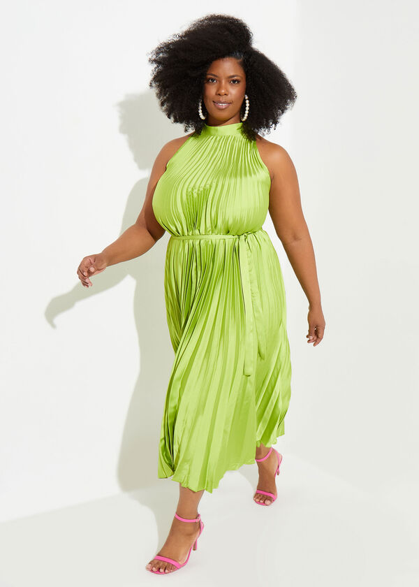 Accordion Pleated Satin Maxi Dress, Green image number 3