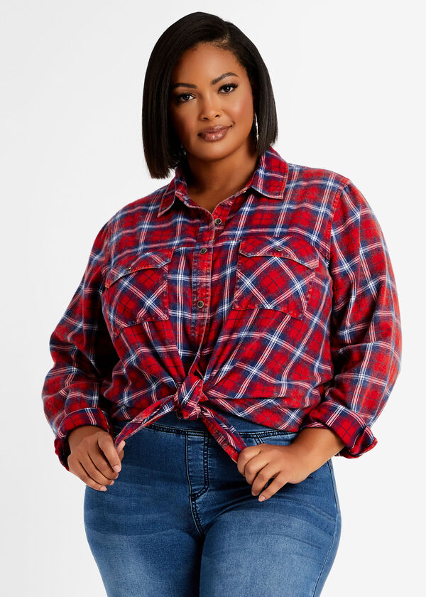 Plaid Cargo Pocket Button Up Top, Red image number 0