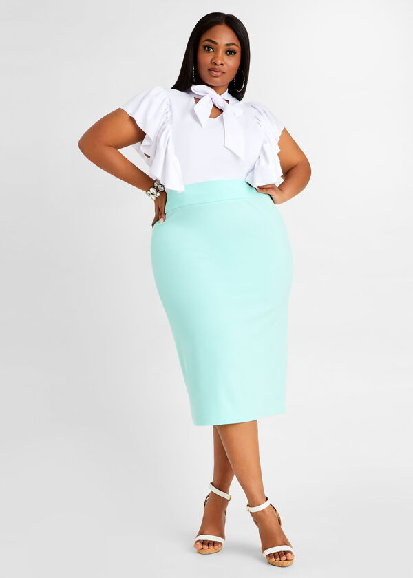 Plus Size Trendy Ponte High Waist Pull On Pencil Knee Length Skirt