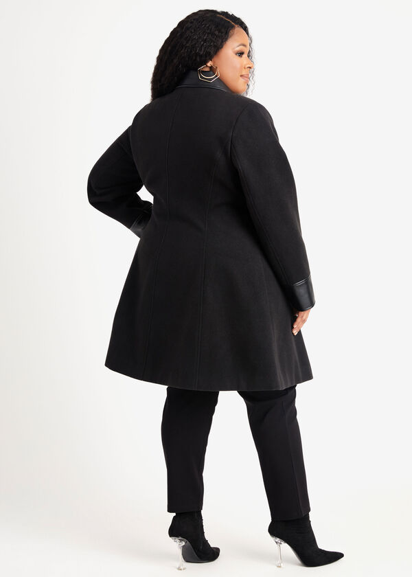 Paneled Faux Wool A Line Coat, Black image number 1