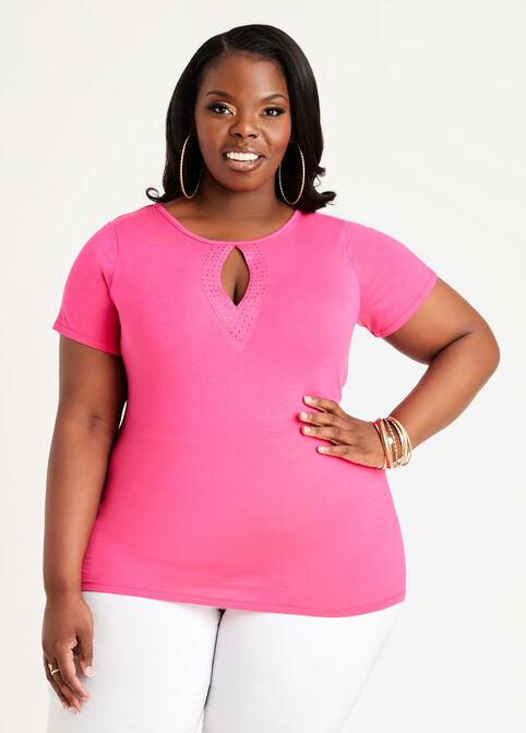 Plus Size Rhinestone Top Plus Size Keyhole Top Stretchy Plus Size Tops image number 0