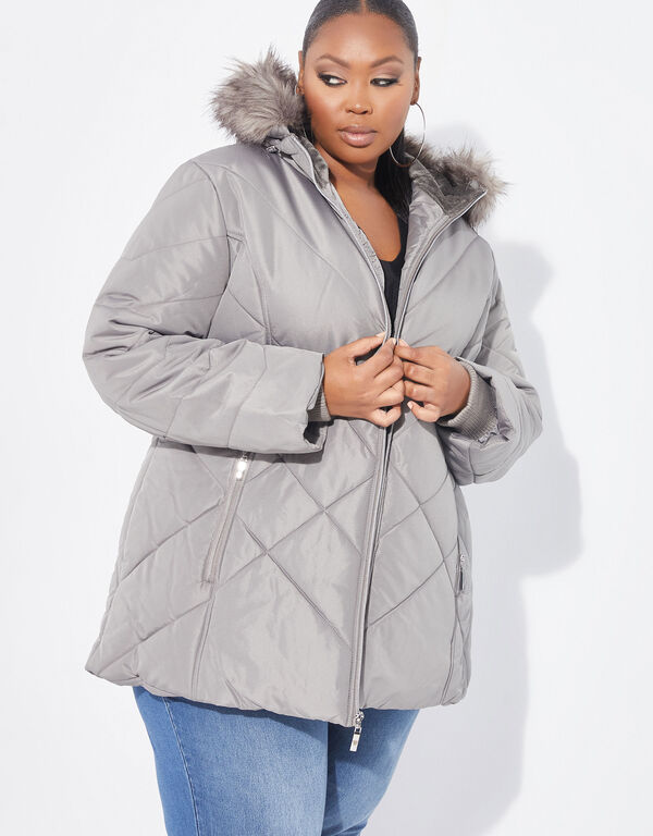 Faux Fur Hooded Puffer Coat, Charcoal image number 0