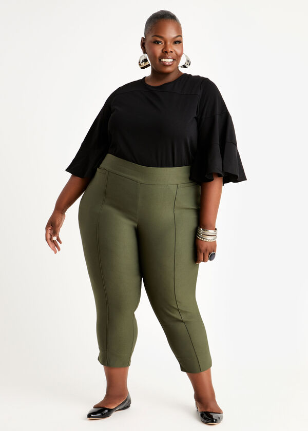Plus Size Work Pants Pull On Pintuck High Waist Stretch Knit Capris