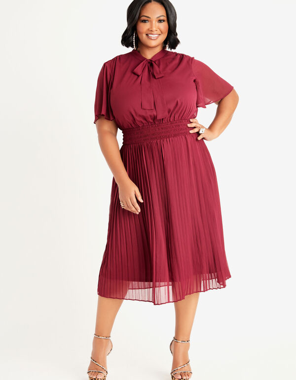 Pleated Tie Neck Midi Dress, Rhododendron image number 0
