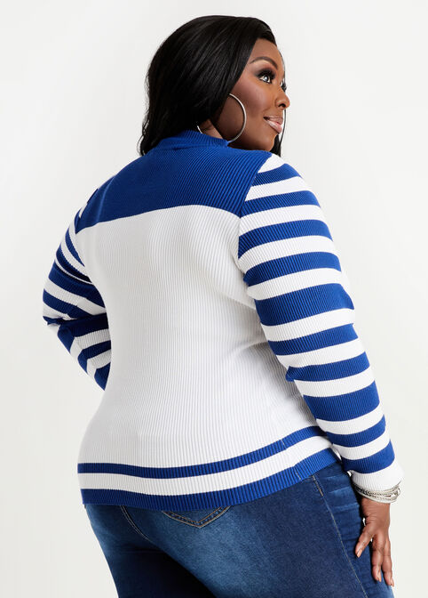 Stripe Cutout Mock Neck Sweater, White image number 1