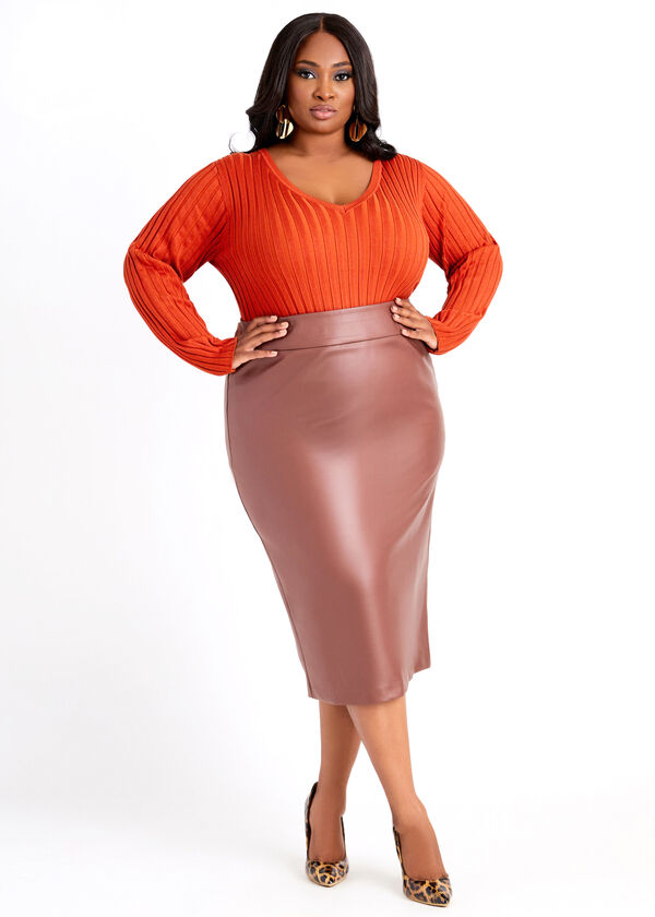 High Waist Faux Leather Midi Skirt, Brown image number 2