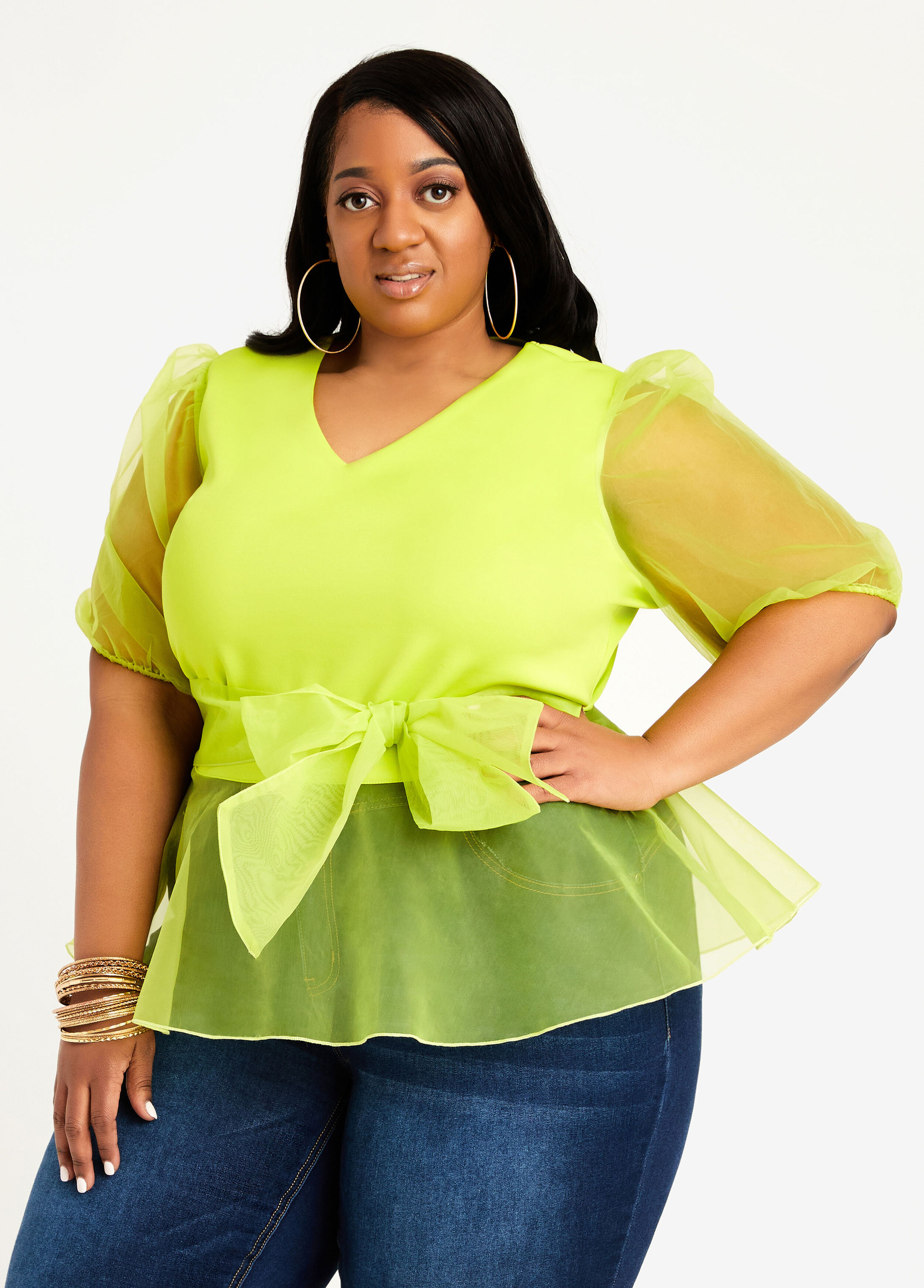 Plus Size Belted Sheer Organza Puff Sleeve Sexy Peplum Knit Top