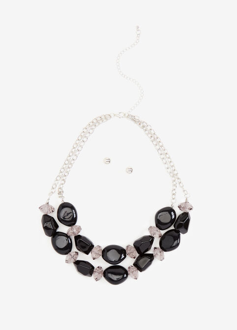 Beaded 2 Row Necklace & Studs Set, Black image number 0