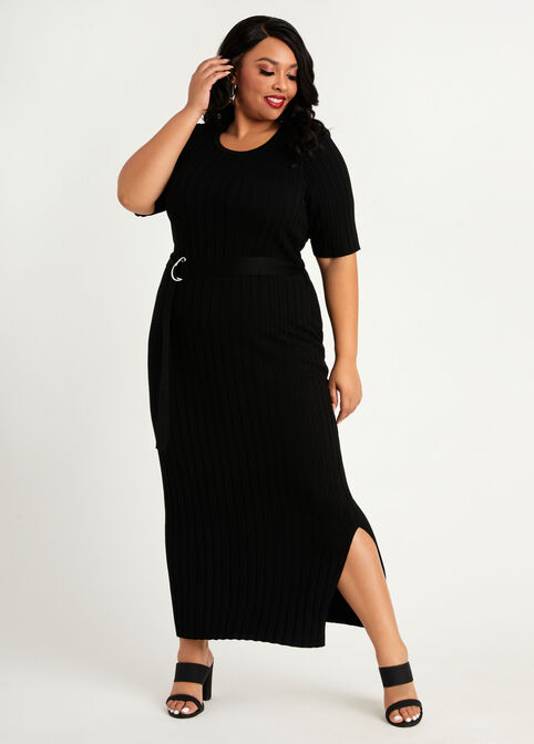 Plus Size Belted Ribbed Knit Sexy Bodycon Sweater Maxi Dress image number 0