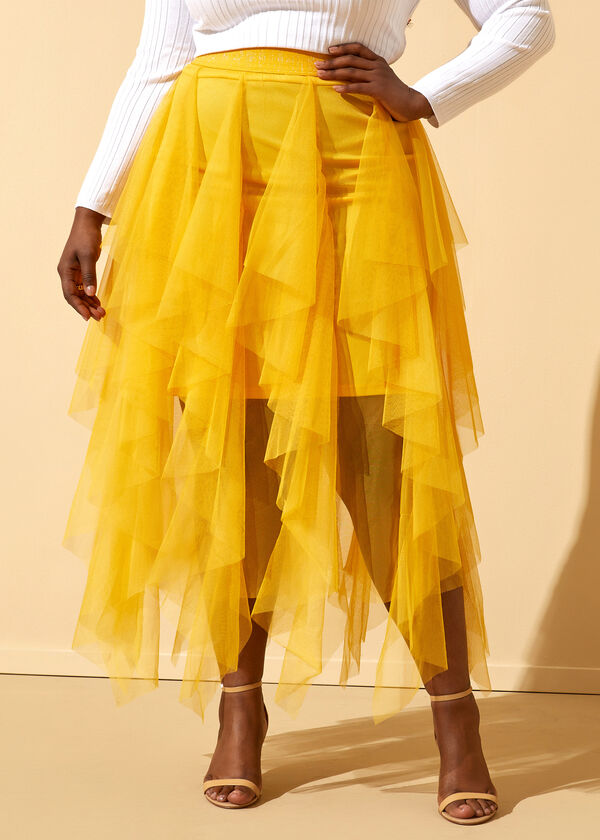Tiered Tulle Midi Skirt, Spicy Mustard image number 4