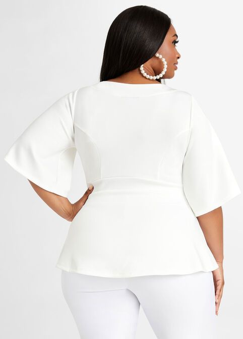 Belted Pearl Neck Peplum Scuba Top, White image number 1