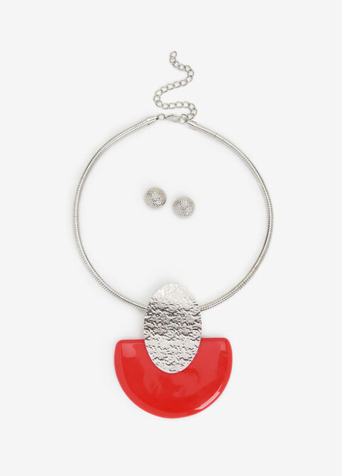 Stone Pendant Choker Necklace Set, Barbados Cherry image number 0
