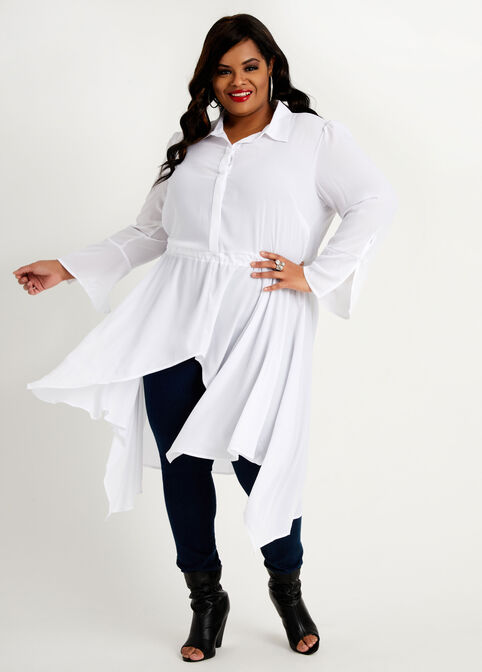 Asymmetric Bell Sleeve Duster Top, White image number 0