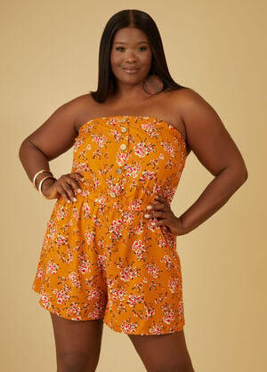 Floral Print Strapless Romper, Golden Yellow image number 0