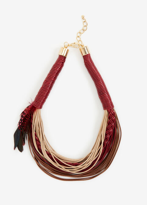 Faux Leather & Feather Necklace, Rhododendron image number 0