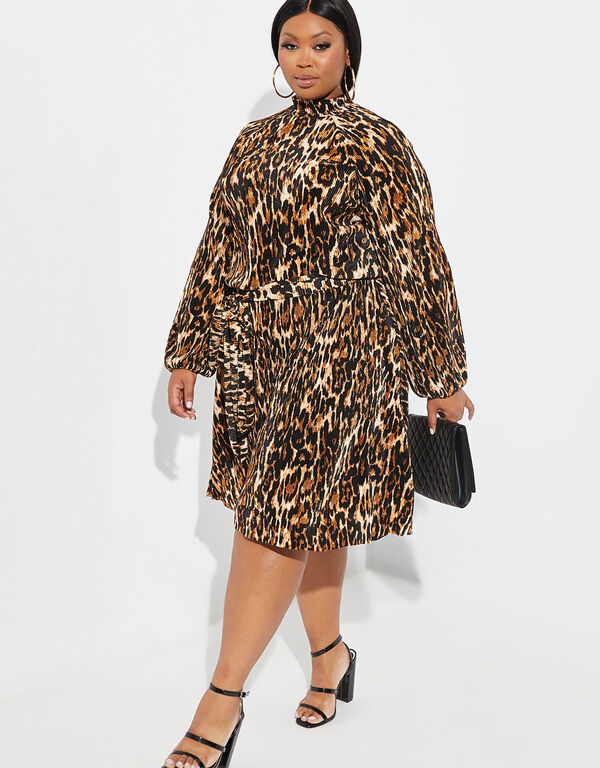 Leopard Print Plisse Satin Dress, Brown Animal image number 0