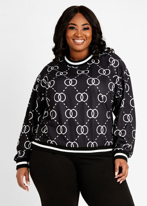 Fashion Motif Athleisure Sweater, Black White image number 0