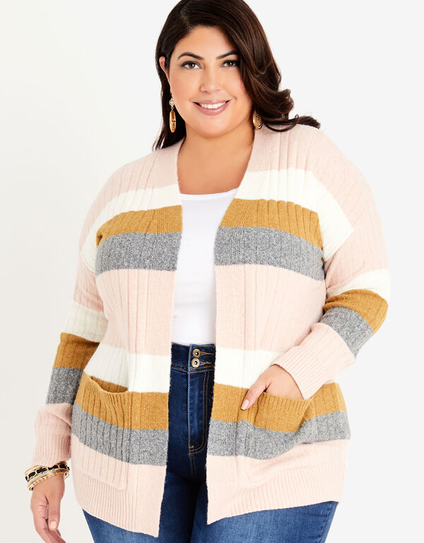 Striped Ribbed Knit Cardigan, Mauve image number 0