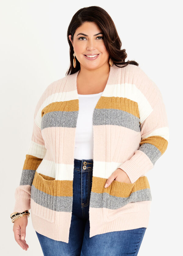 Striped Ribbed Knit Cardigan, Mauve image number 0