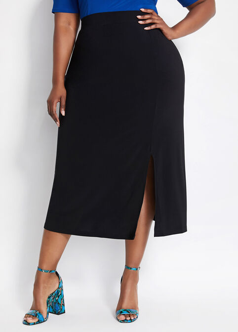 Plus Size Stretch Knit Front Slit High Waist Pull On Midi Skirts image number 0