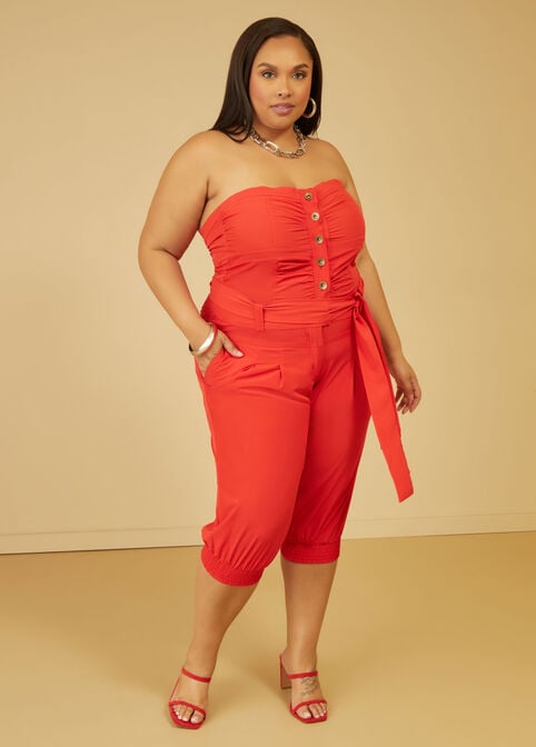 Strapless Belted Cropped Jumpsuit, Red image number 0