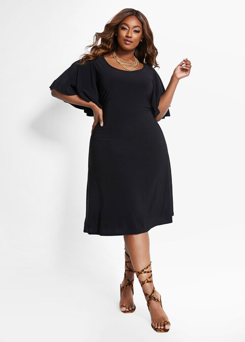Plus Size Stretch Knit Scoop Neck Tiered Flutter Sleeves Sexy Dresses image number 0