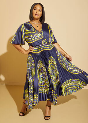 Pleated Printed A Line Maxi Dress, Silver Lake Blue image number 0
