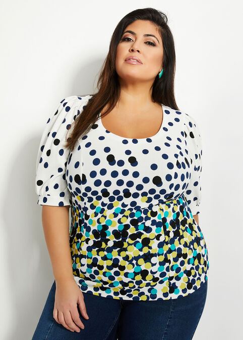 Polka Dot Textured Puff Sleeve Top, White image number 0